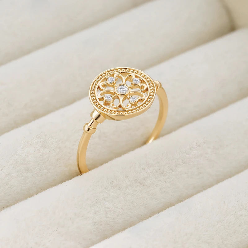 Dunli Jewelry Spring 2024 New Product Retro Style Hollow Pattern S925 Silver Plated 14K Gold White Zircon Ring
