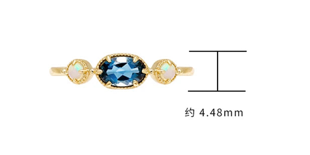 Emotional Factory 925 Sterling Silver 14K Gold Plated Gemstone Series Blue Topaz Paw Set Stone Opal Ring