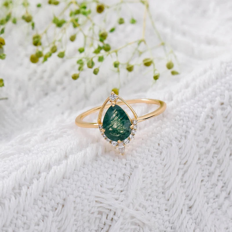 Luxury Fashion Jewelry Women's Gift Boutique Green Moss Agate 925 Sterling Silver Ring Electroplated 14K Gemstone Ring