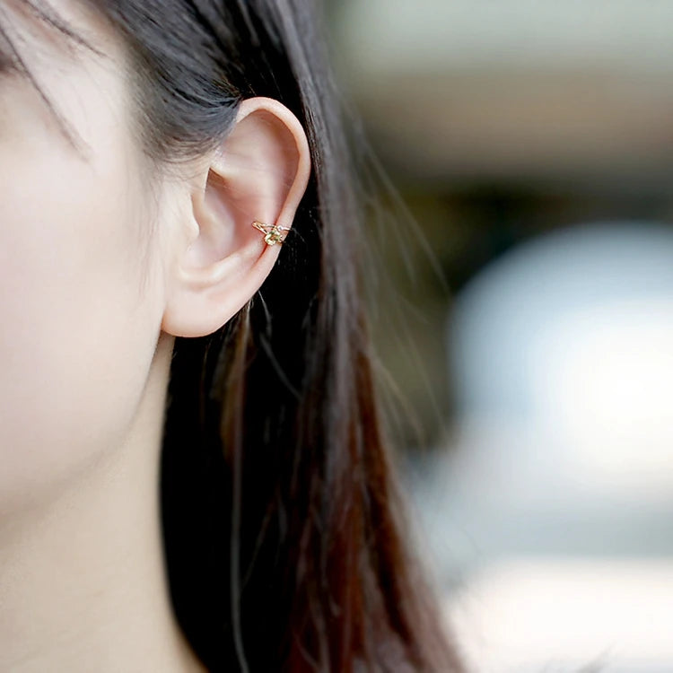 Emotional Factory 925 Sterling Silver 14K Gold Plated Gemstone Olive Green Stone Ring Zircon Ear Clip Earrings