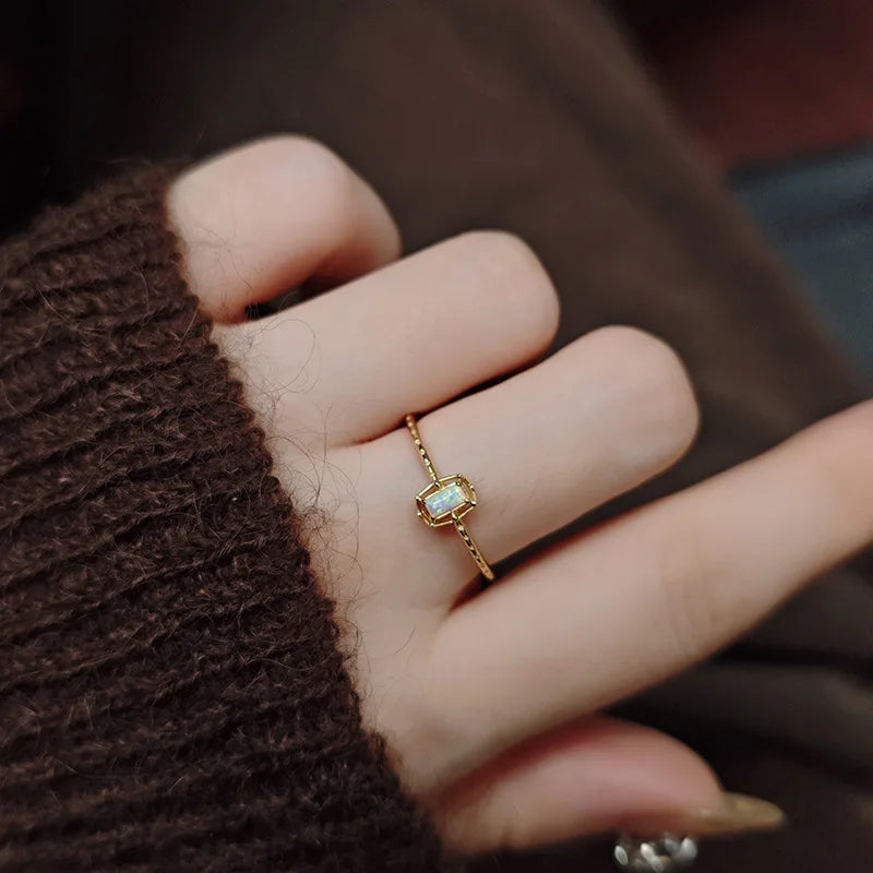 Emotional Factory 925 Sterling Silver 14K Gold Plated Gemstone Mini Geometric Flower Synthetic Opal Ring