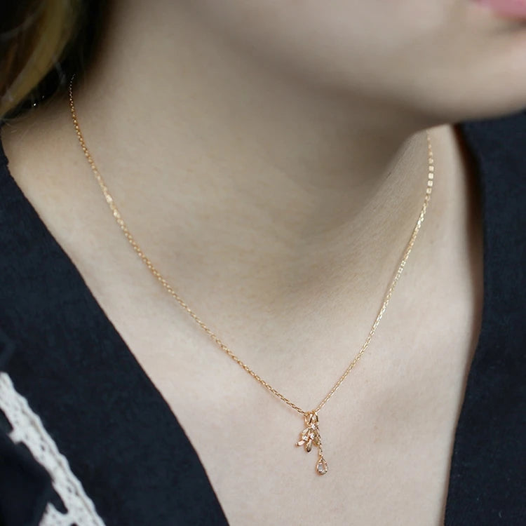 Emotional Factory 925 Sterling Silver 14K Gold Plated Gemstone Drop Leaf Crystal Double Pendant Necklace