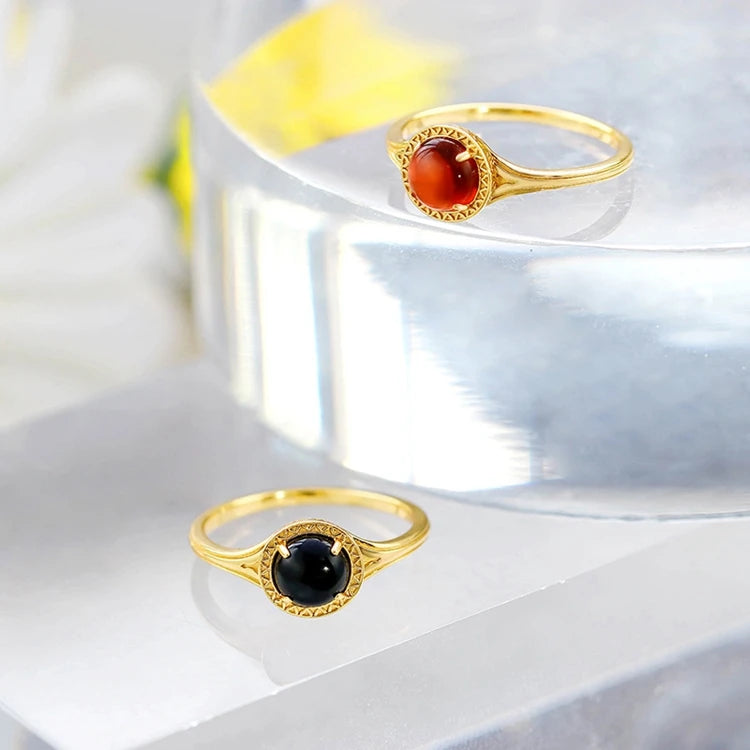 Emotional Factory 925 Sterling Silver 14K Gold Plated Gemstones Round Carved Garnet Black Onyx Ring