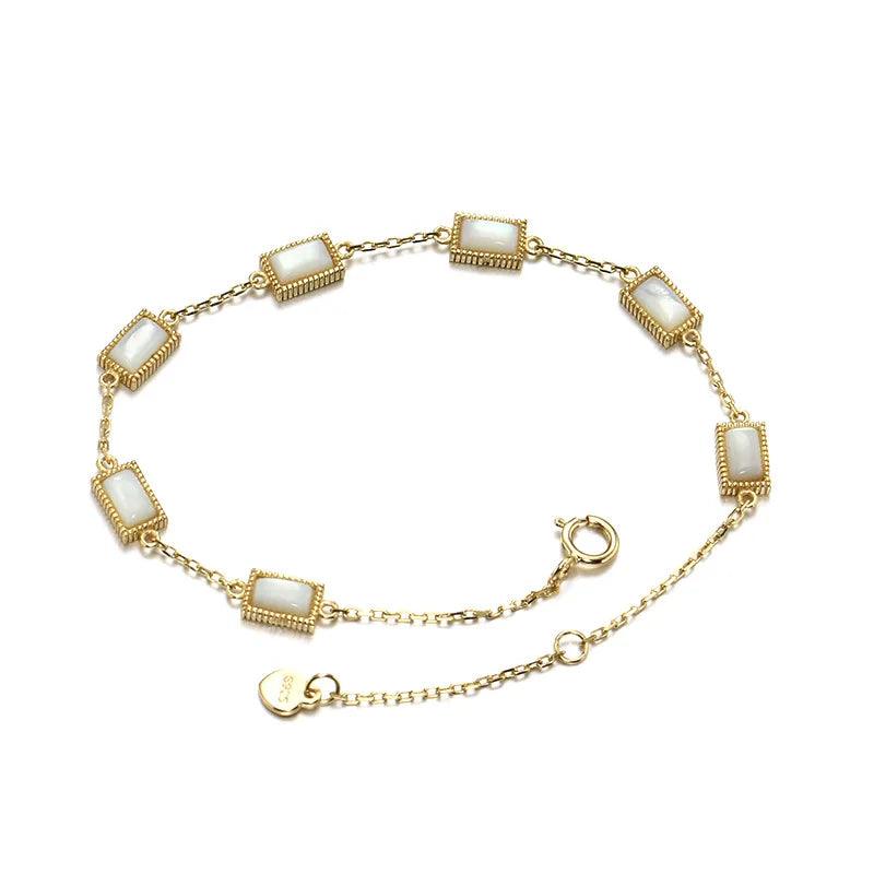 Pulsera De Piedras Preciosas 925 Sterling Silver 14K Gold Plated Gemstone Sample Rectangular Geometry White Shell Bracelet