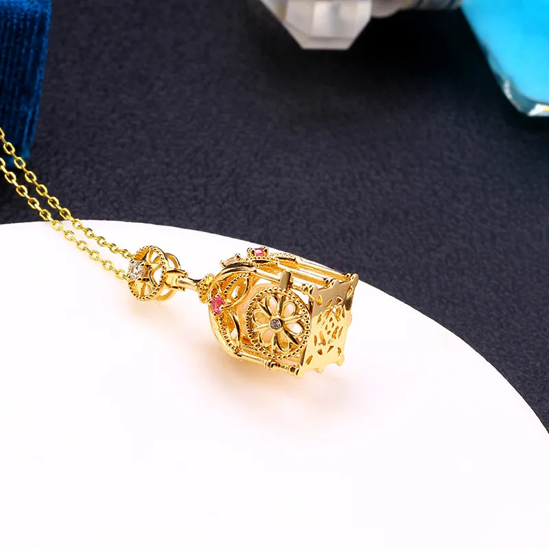 925 Sterling Silver 14K Gold Plated Fairy Tale Pumpkin Carriage Three-Dimensional Design Pearls Open Bird Cage Lockets Pendant