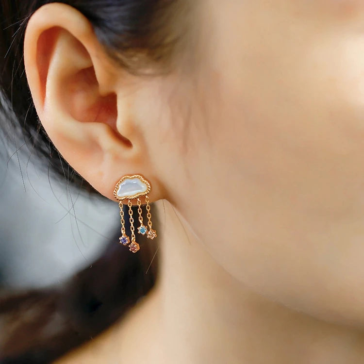 925 Sterling Silver 14K Gold Plated Gemstones Colorful Zirconia Tassel Stereoscopic Clouds White Butterfly Shell Earrings