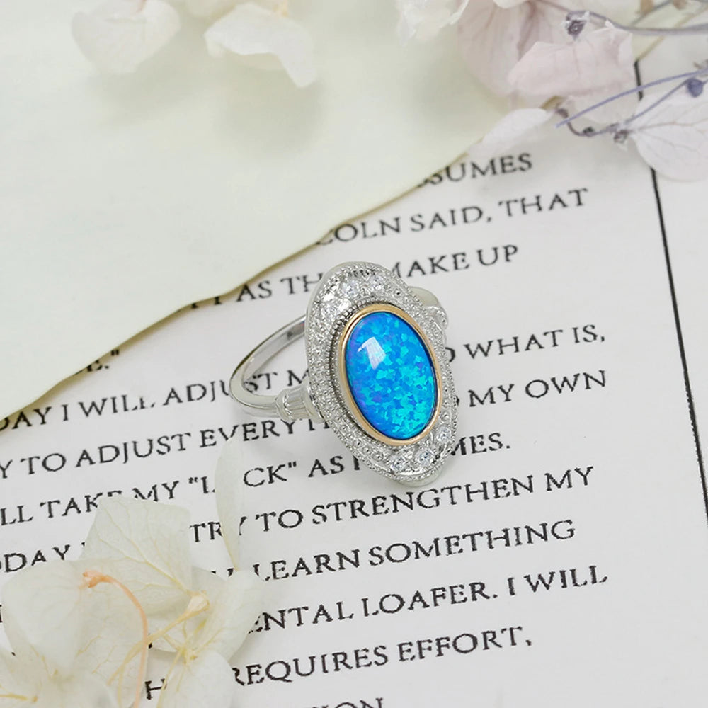 925 Sterling Silver 14K Gold Plated Gem Stone Gemstone Retro Hollow Vintage British Style Artificial Opal Combination Ring