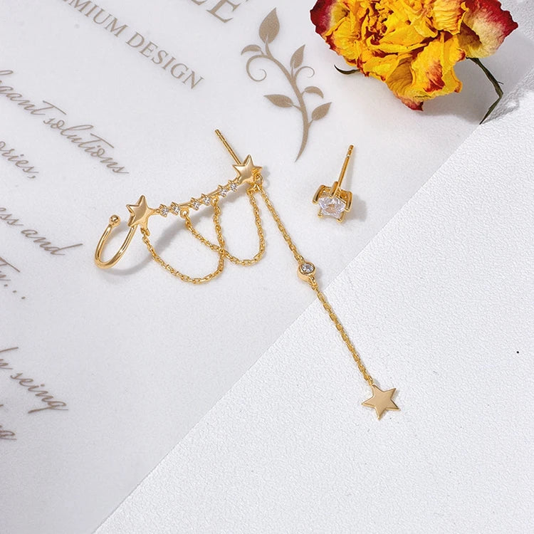 Emotional Factory 925 Sterling Silver 14K Gold Plated Gemstone Irregular Bezel Chain Tassel Star Earrings