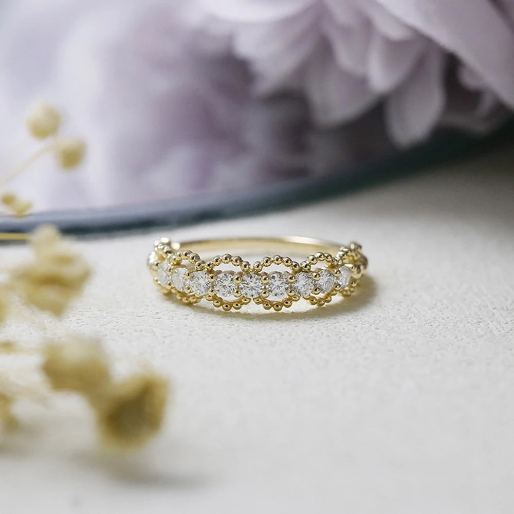 Emotional Factory 925 Sterling Silver 14K Gold Plated Gemstone Lace Cutout Patterned Glitter Moissanite Ring