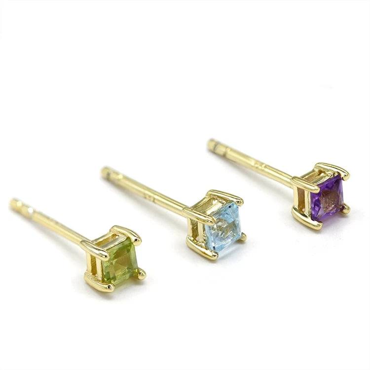 925 Sterling Silver 14K Gold Plated Gemstone Minimalist Simple Mini Amethyst Sky Blue Topaz Earrings