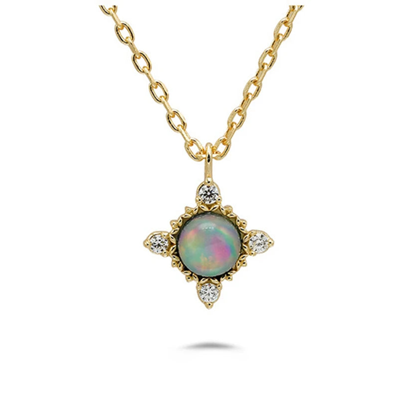Emotional Factory 925 Sterling Silver 14K Gold Plated Gemstone Sun Sample Round Stone Vintage Fantasy Opal Necklace