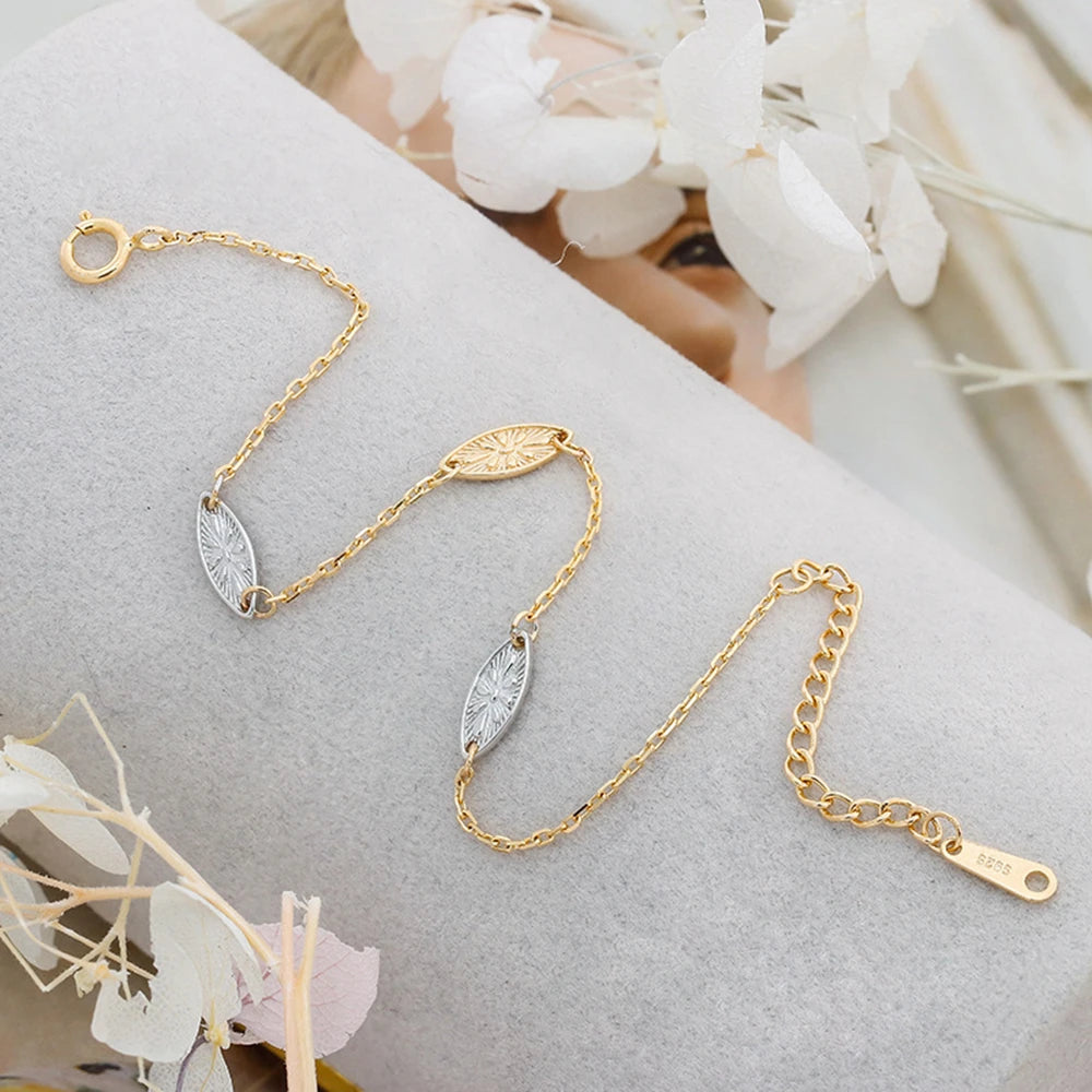 Pulseras Religiosas 925 Sterling Silver 14K Gold Plated Gem Stone Gemstone Carving Two Colour Leaves Adjustable Chain Bracelet