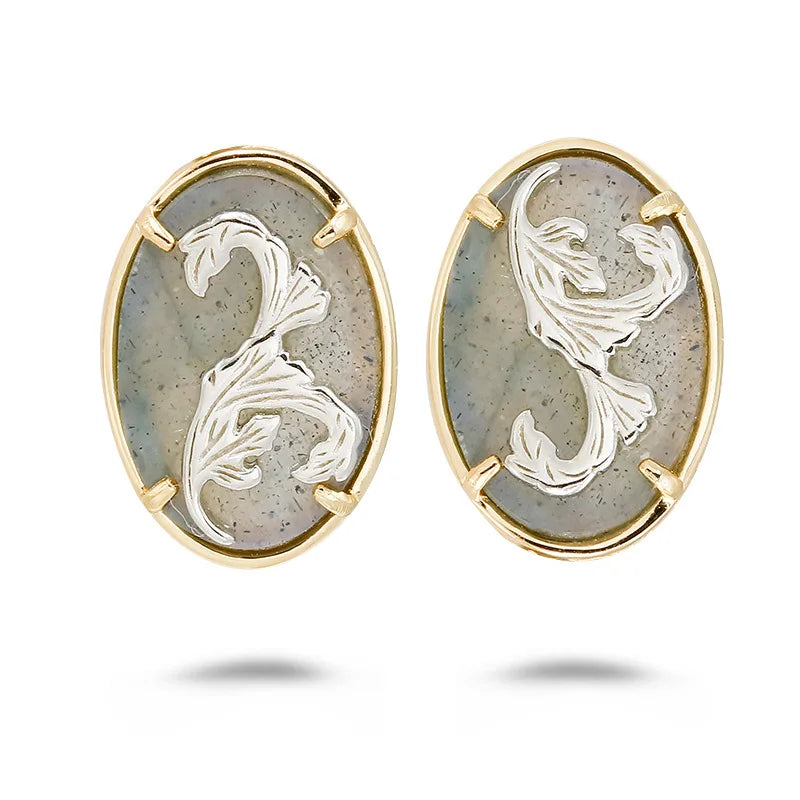 Emotional Factory 925 Sterling Silver 14K Gold Plated Gemstone Geometric Round Grassy Labradorite Earrings