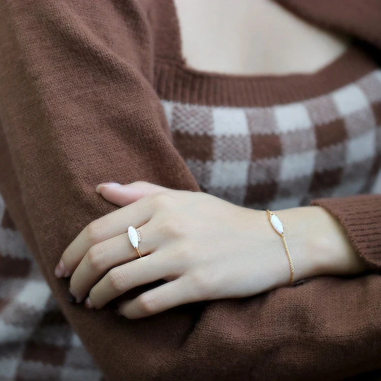 Emotional Factory 925 Sterling Silver 14K Gold Plated Gemstone Synthetic Artificial  Opal Long Boat Shaped Ring