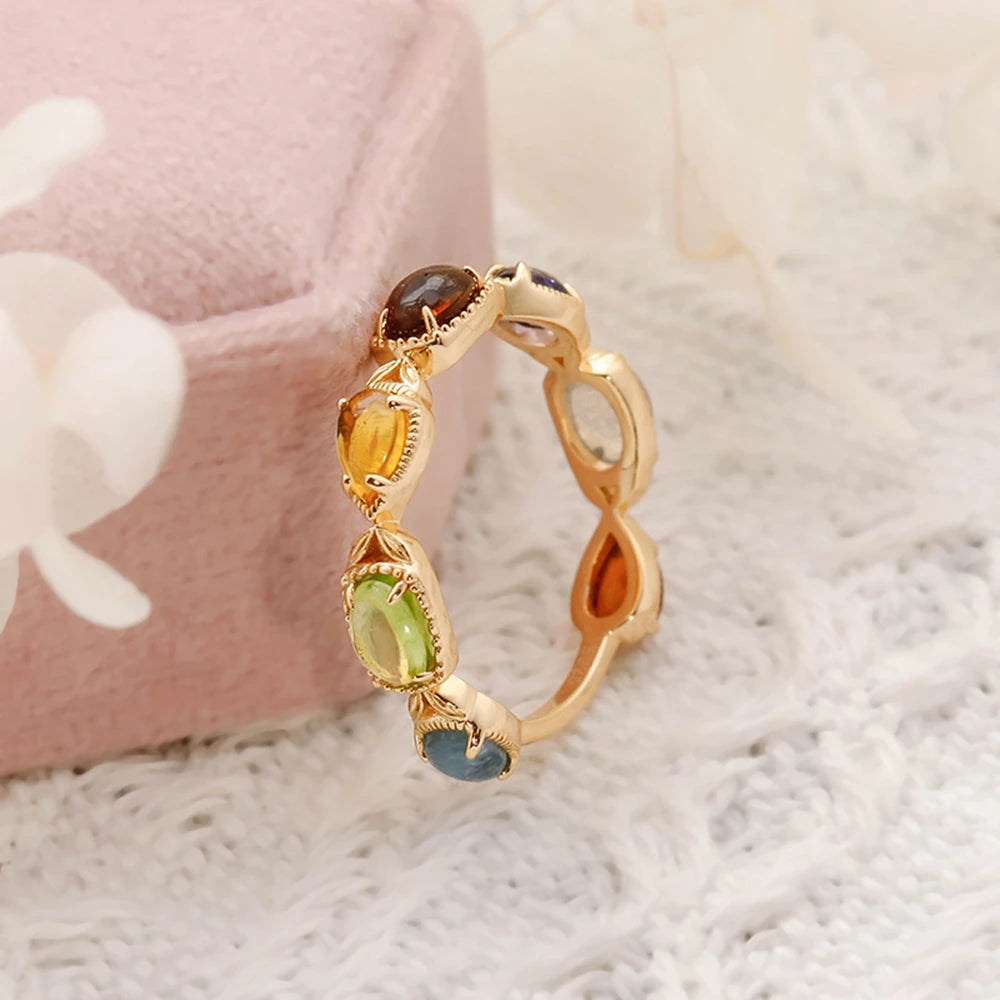 925 Sterling Silver 14K Gold Plated Gemstone Literary Peridot Labradorite Dong Lapis Lazuli Citrine Sapphire Amber Ring