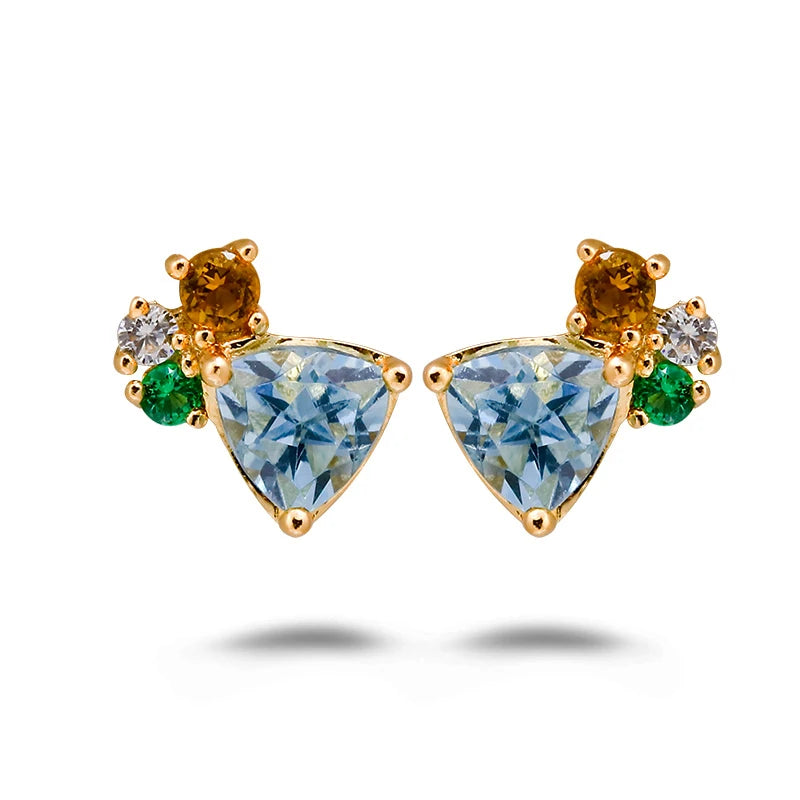 925 Sterling Silver 14K Gold Plated Gemstone Geometric Triangular Star Cz Zircon Topaz Citrine Simulate Emerald Stud Earrings