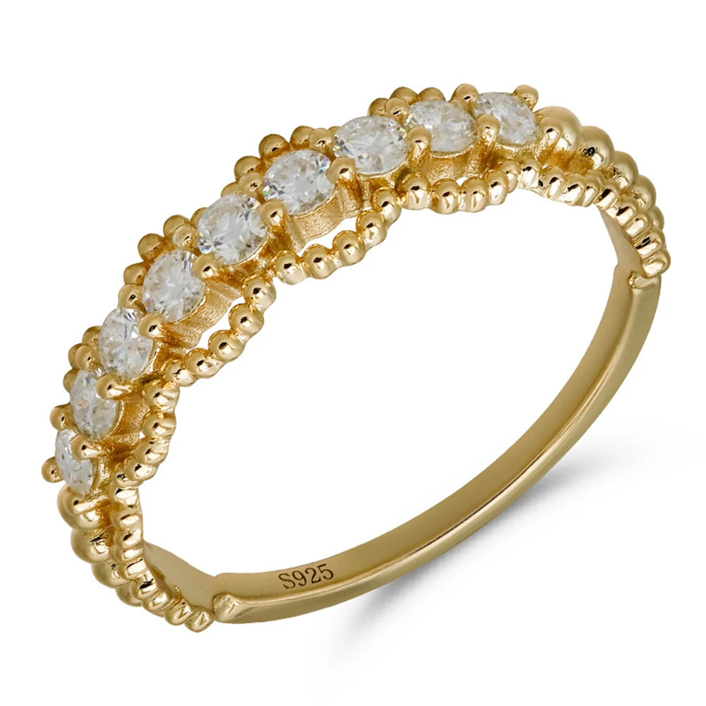 Emotional Factory 925 Sterling Silver 14K Gold Plated Gemstone Lace Cutout Patterned Glitter Moissanite Ring