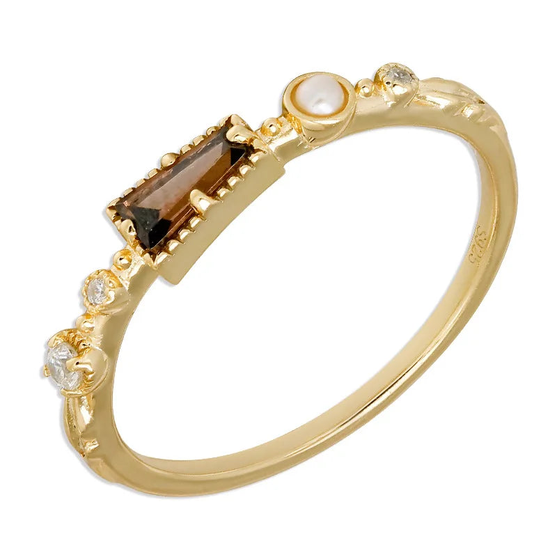 Factory 925 Sterling Silver 14K Gold Plated Gemstone Cz Geometric Trapezoid Natural Freshwater Pearls Brown Zircon Ring