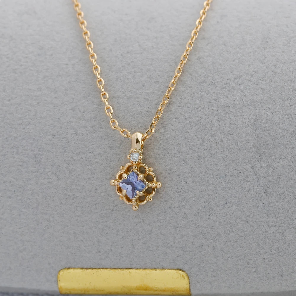 925 Sterling Silver 14K Gold Plated Gemstone Retro Hollow Flower Geometric Square Stone Tanzanite Necklace