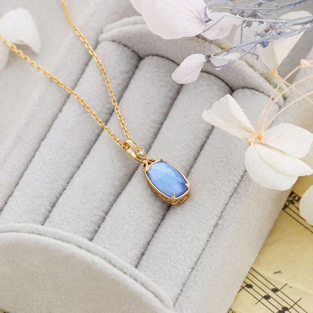 Emotional 925 Sterling Silver 14K Gold Plated Gem Stone Marine Style Bilayer Stone Blue Quartz Glass White Shell Necklace