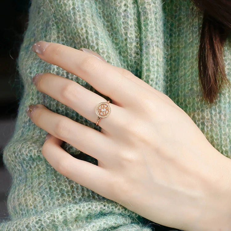 Emotional Factory 925 Sterling Silver 14K Gold Plated Retro Hollow Pattern Geometry Zircon Round Ring