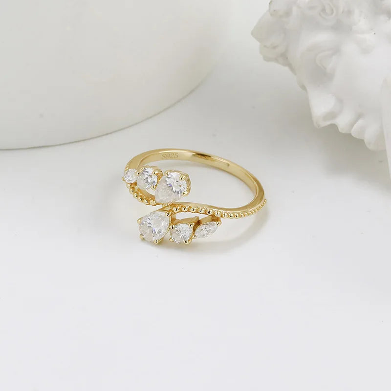 Emotional Factory 925 Sterling Silver 14K Gold Plated Gemstone Water Drops Moissanite Ring