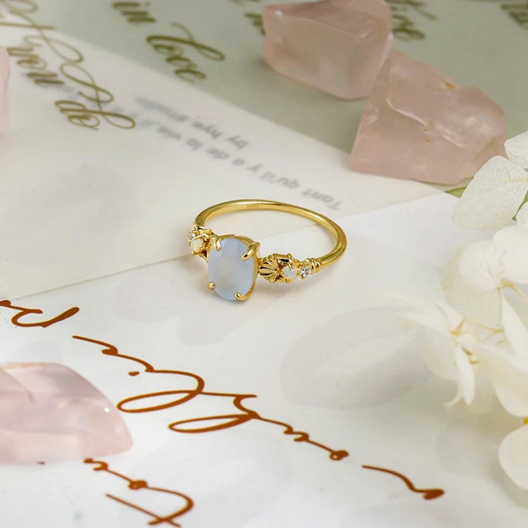 Emotional Factory 925 Sterling Silver 14K Gold Plated Gem Stone Gemstone Summer Shell Necklace Navy Blue Chalcedony Ring