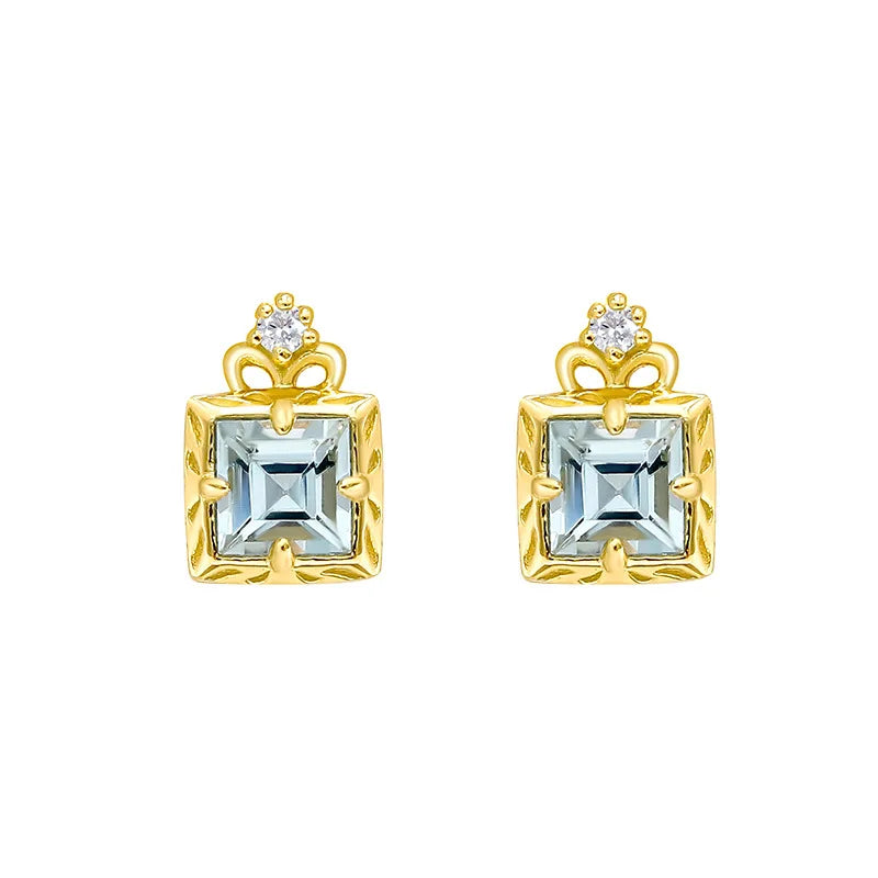 Emotional Factory 925 Sterling Silver 14K Gold Plated Gemstone Simplicity Zircon Geometric Square Aquamarine Earrings