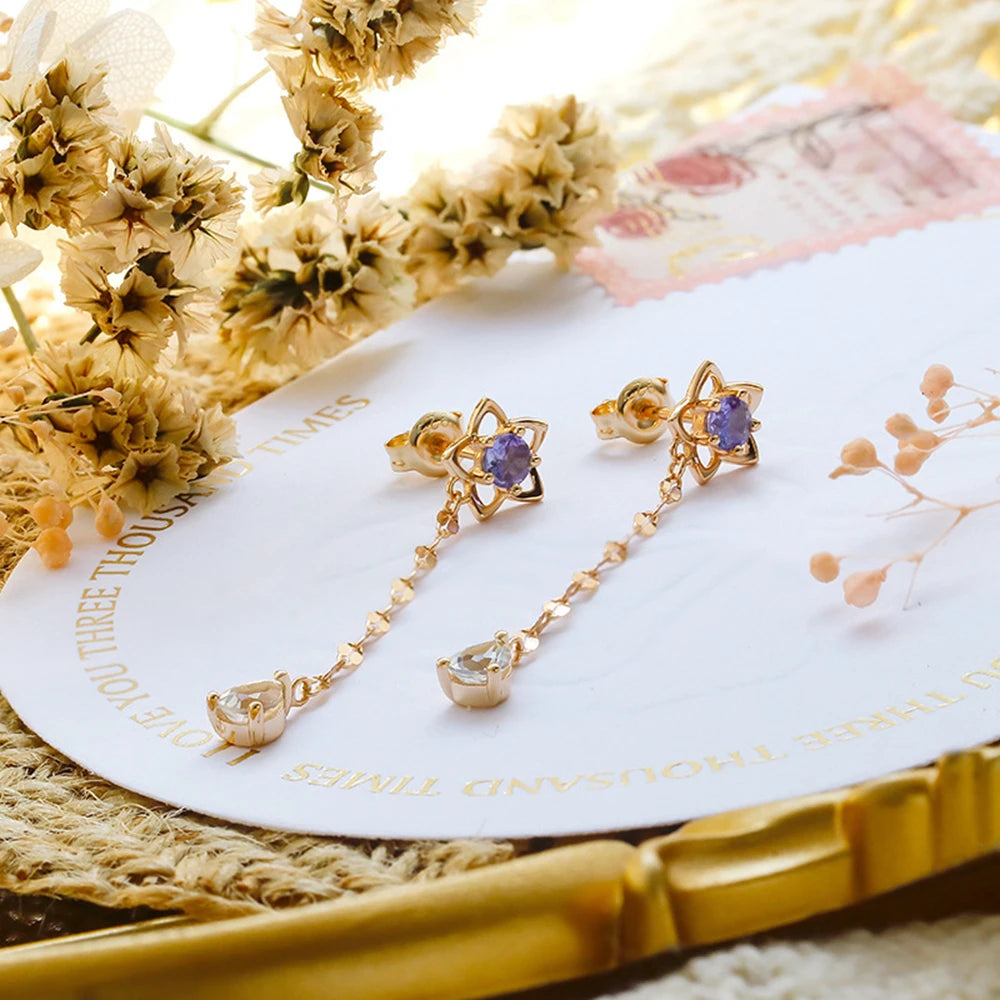 Emotional 925 Sterling Silver 14K Gold Plated Gem Stone Gemstone Tanzanite Zircon Eustoma Flower White Topaz Strip Earrings