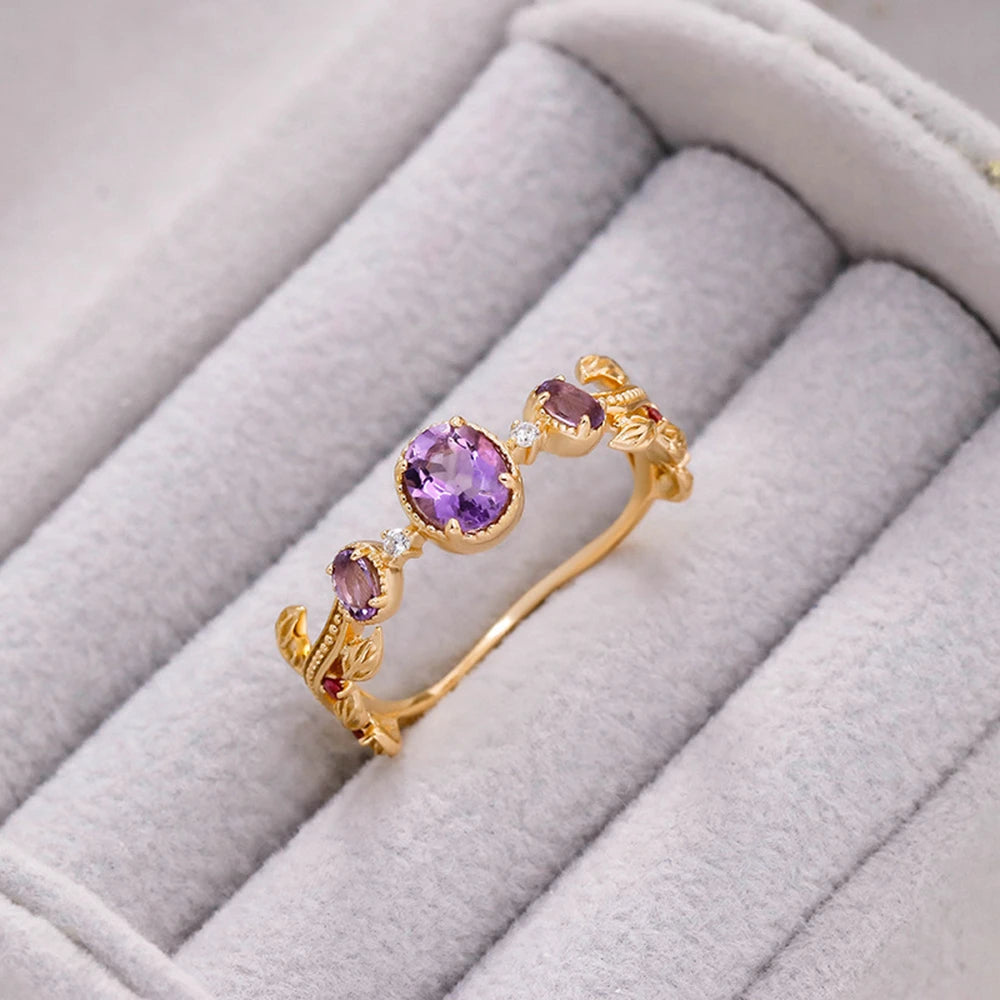 Emotional Factory 925 Sterling Silver 14K Gold Plated Gem Stone Gemstone Geometric Oval Cz Zircon Corundum Amethyst Ring