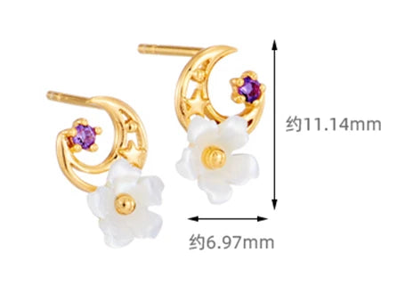 Emotional Jewelry 925 Sterling Silver 14K Gold Plated Gemstone Series White Shell Flower Small Amethyst Crescent Shaped Earrings