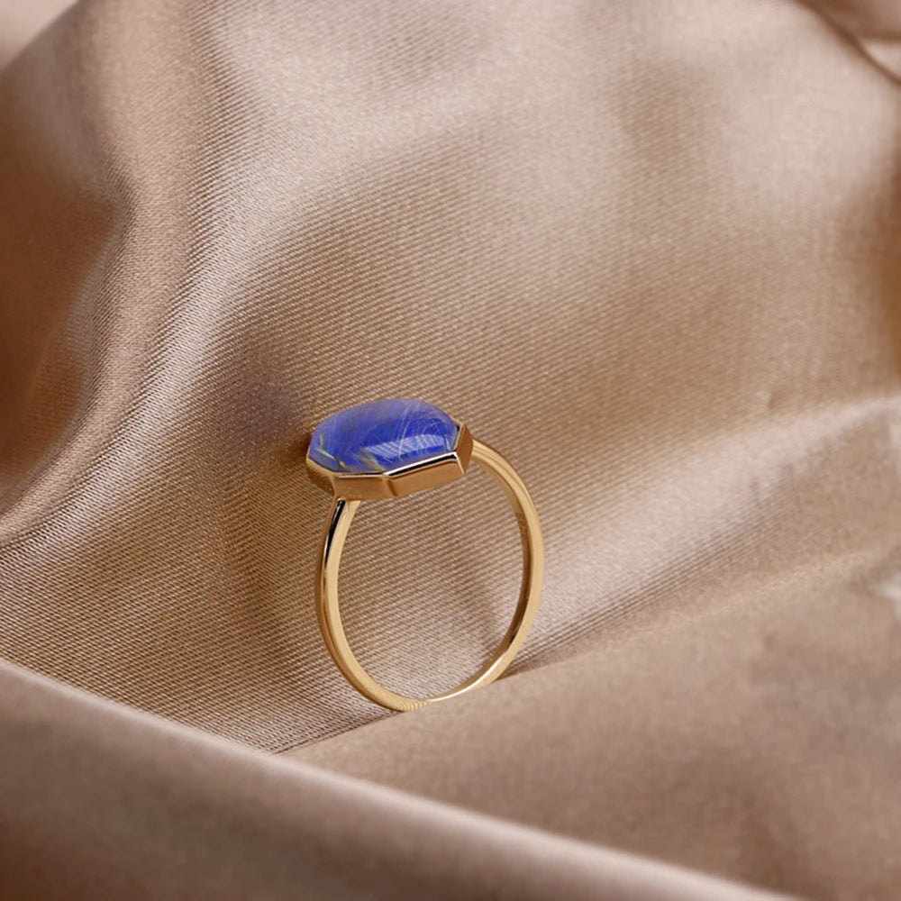 Factory Jewelry 925 Sterling Silver 14K Gold Plated Gemstone Series Blonde Crystal Lapis Lazuli Big Stone Ring