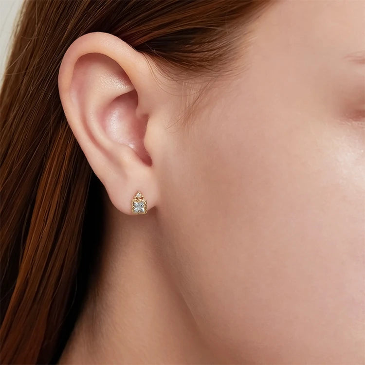 Emotional Factory 925 Sterling Silver 14K Gold Plated Gemstone Simplicity Zircon Geometric Square Aquamarine Earrings