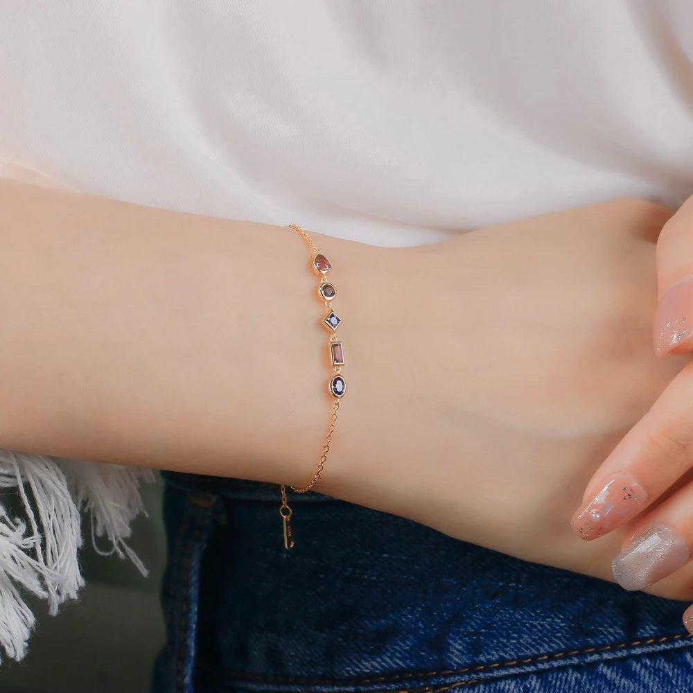 Piedra Pulseras Piedras Naturales 925 Sterling Silver 14K Gold Plated Gemstone Geometry Cordierite Amethyst Tanzanite Bracelet