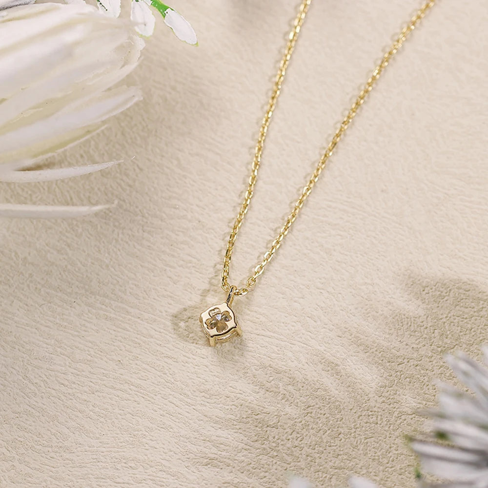925 Sterling Silver 14K Gold Plated Gemstone Four Leaf Clover Simple Niche Design Single Stone Choker Moissanite Necklace