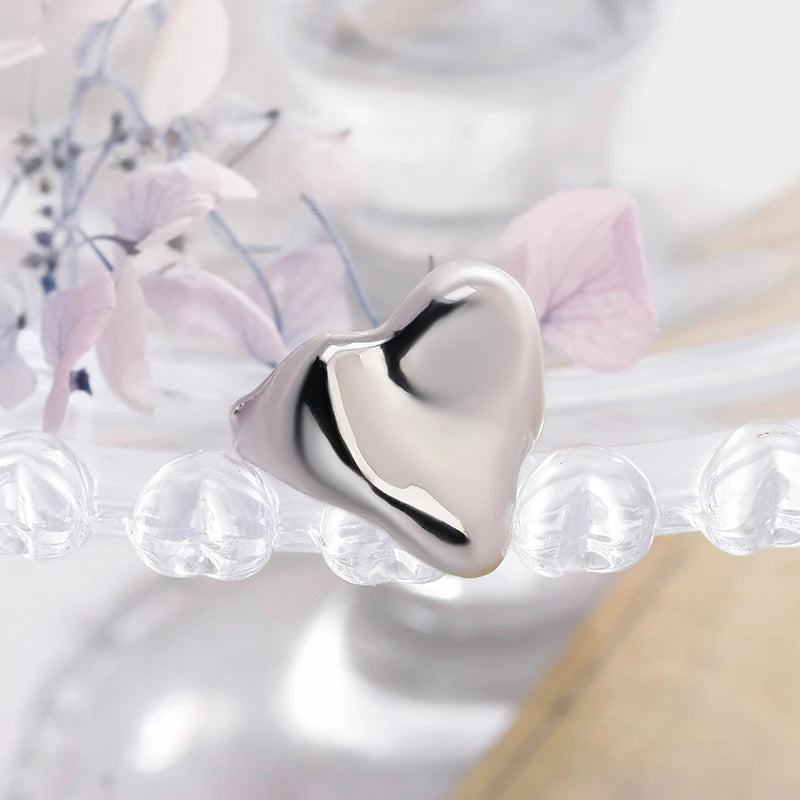 Metal Mirror Heart-shaped Ring Personalized Exaggerated Female Ring White Gold 925 Silver Women's Engagement Rings for Women