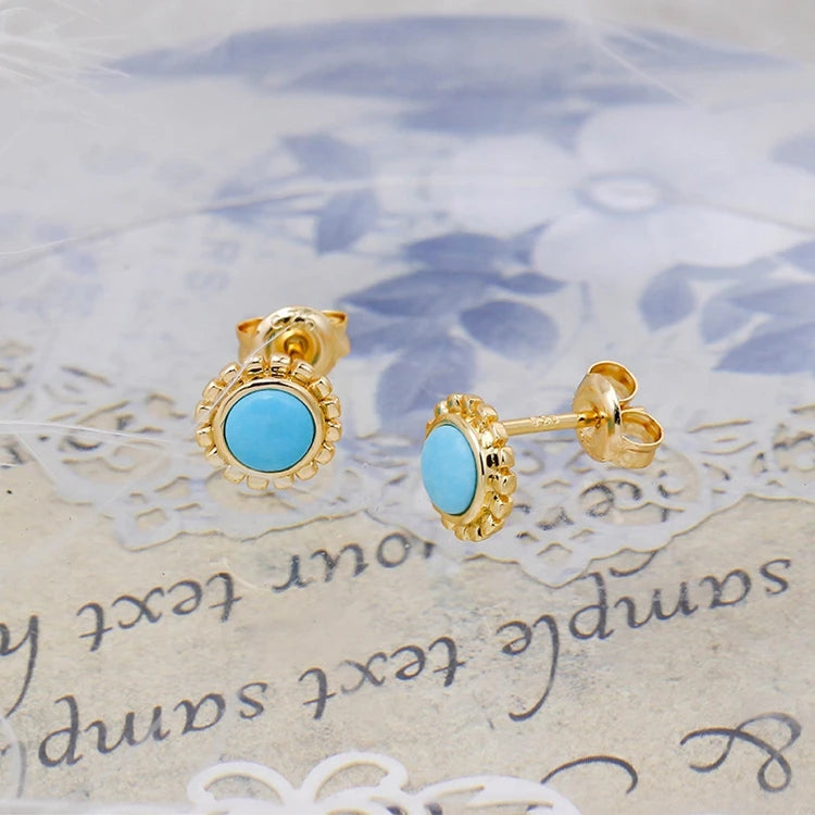Emotional Factory 925 Sterling Silver 14K Gold Plated Gemstone Round Bead Flower Natural Turquoise Stud Earrings