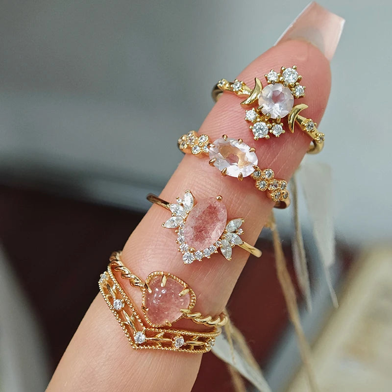 925 Sterling Silver Gold Plated Gemstone Butterfly Strawberry Moon Star Cz Zircon Rose Quartz Night Sky Iolite Labradorite Ring