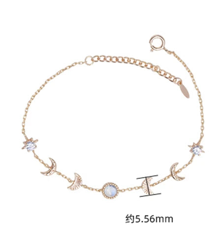 Emotional Pulsera De Cuarzo 925 Sterling Silver Gold Plated Gemstone Series Hammered Moonstone Zircon Round Moon Star Bracelet