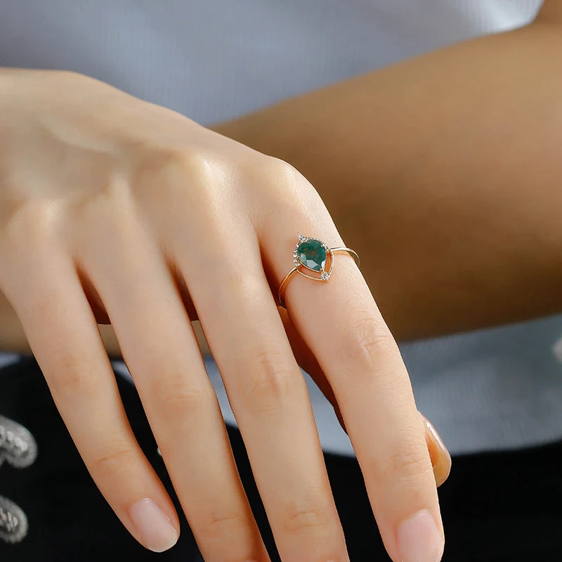 Luxury Fashion Jewelry Women's Gift Boutique Green Moss Agate 925 Sterling Silver Ring Electroplated 14K Gemstone Ring
