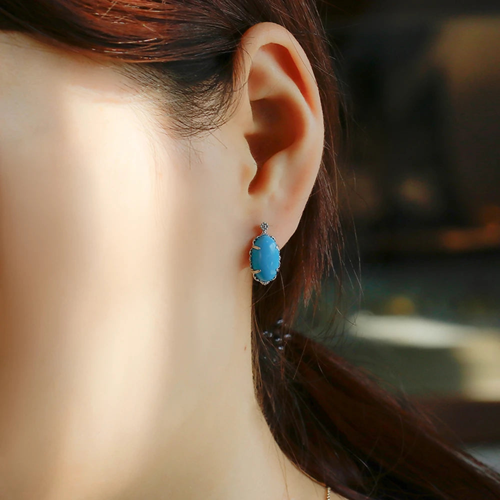 925 Sterling Silver 14K Gold Plated Gemstone Retro Egg Stone Artificial Turquoise Earrings