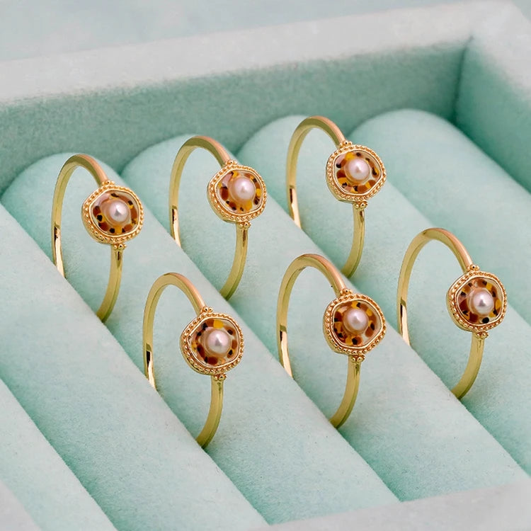 Emotional Factory 925 Sterling Silver 14K Gold Plated Gemstone Pearl Vintage Irregular  Magma Enamel Ring