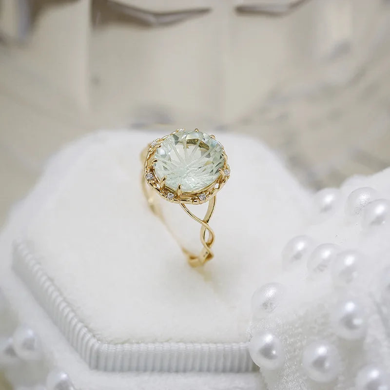 Emotional Factory 925 Sterling Silver 14K Gold Plated Gemstone Niche Design Round Carved Green Amethyst Rings