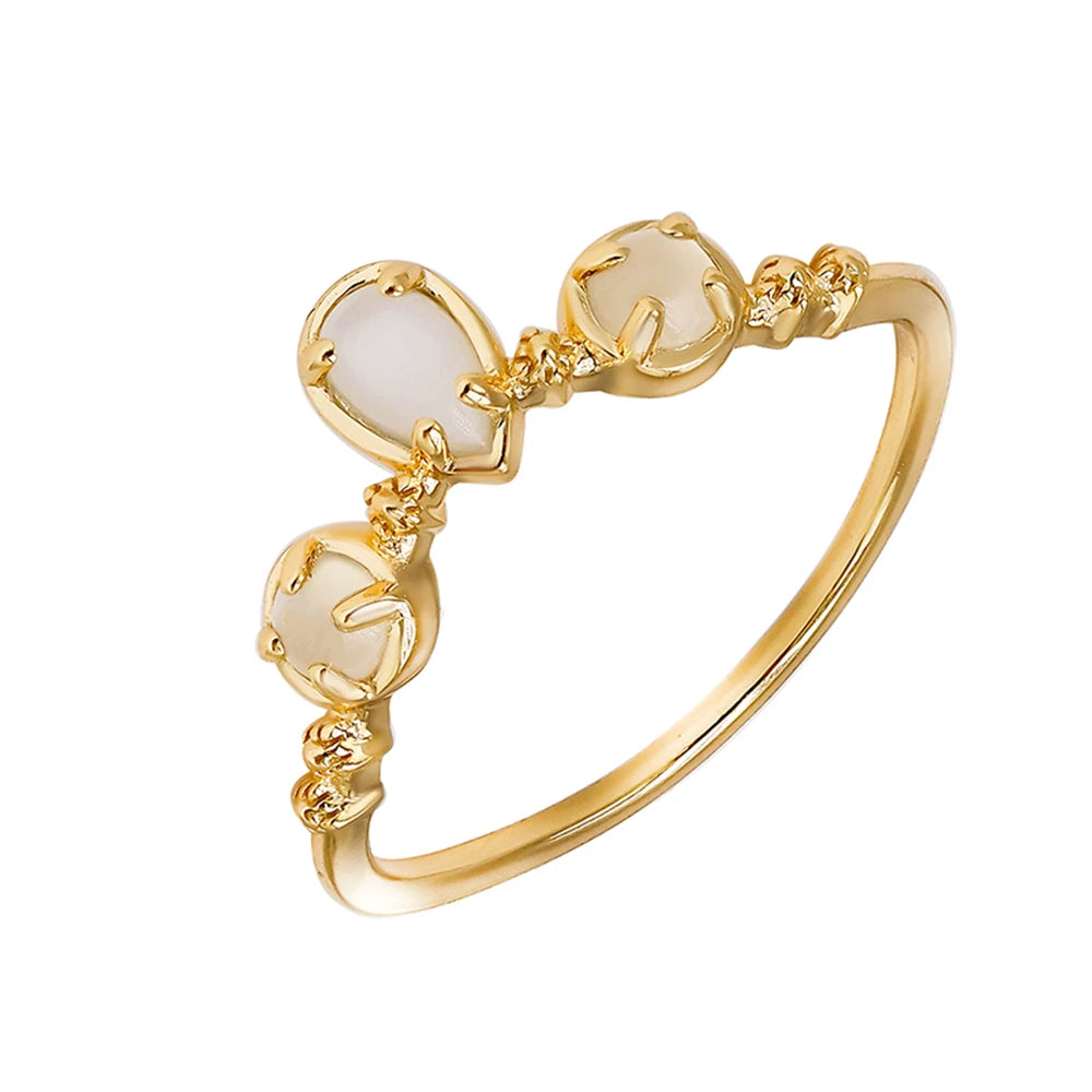 925 Sterling Silver 14K Gold Plated Gemstone Round Drop White Moonstone V Shaped Ring