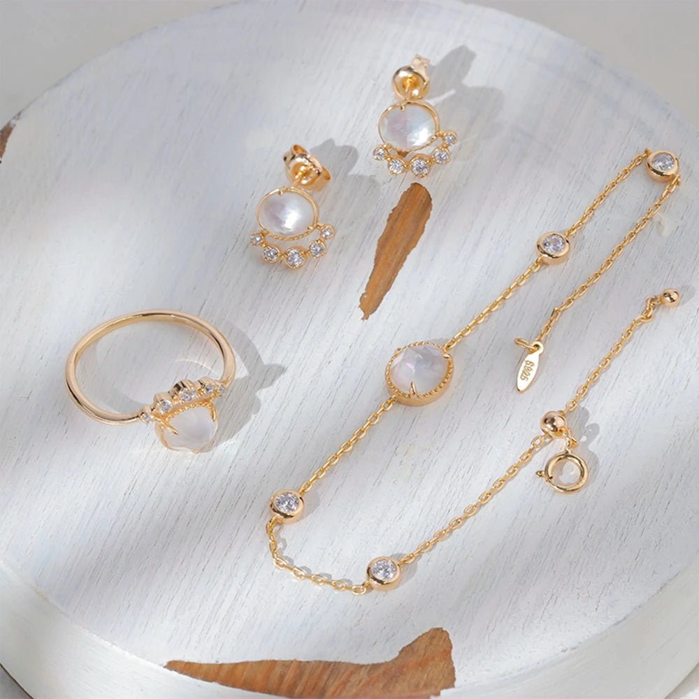 Emotional Factory 925 Sterling Silver 14K Gold Plated Gemstones Bubble Clouds Shell Rock Crystal Natural White Crystal Ring