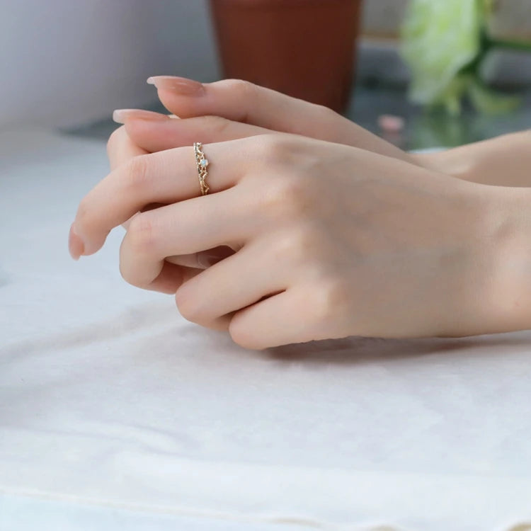 925 Sterling Silver 14K Gold Plated Gemstone Natural Opal Exquisite Crown Hollow Ring