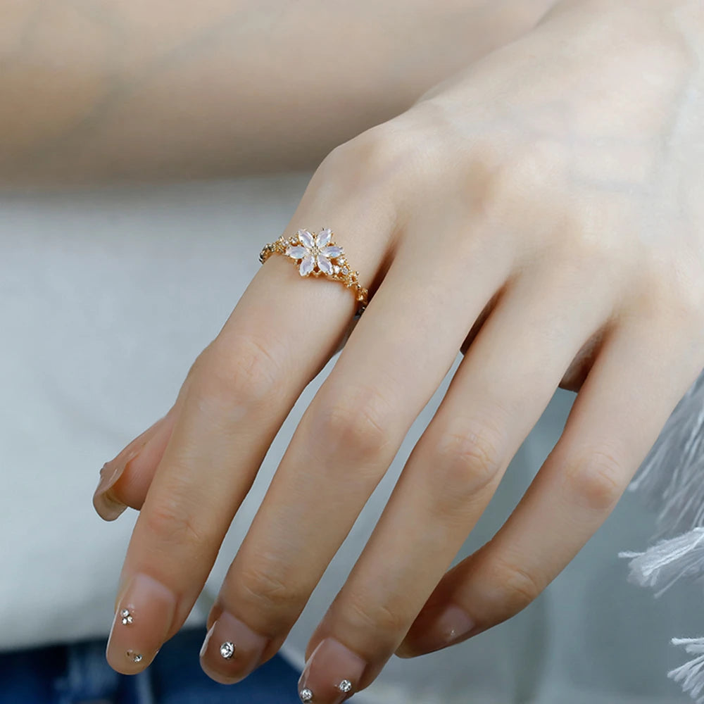 925 Sterling Silver 14K Gold Plated Gemstone Retro Hollow Flower Tanzanite Zircon Synthetic Artificial Opal Ring