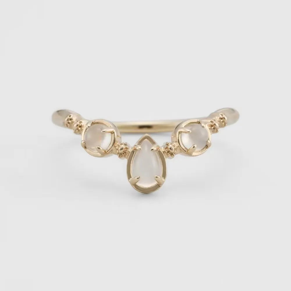 Factory Custom 925 Sterling Silver 14K Gold Plated Gemstone Round Drop White Moonstone V Shaped Ring