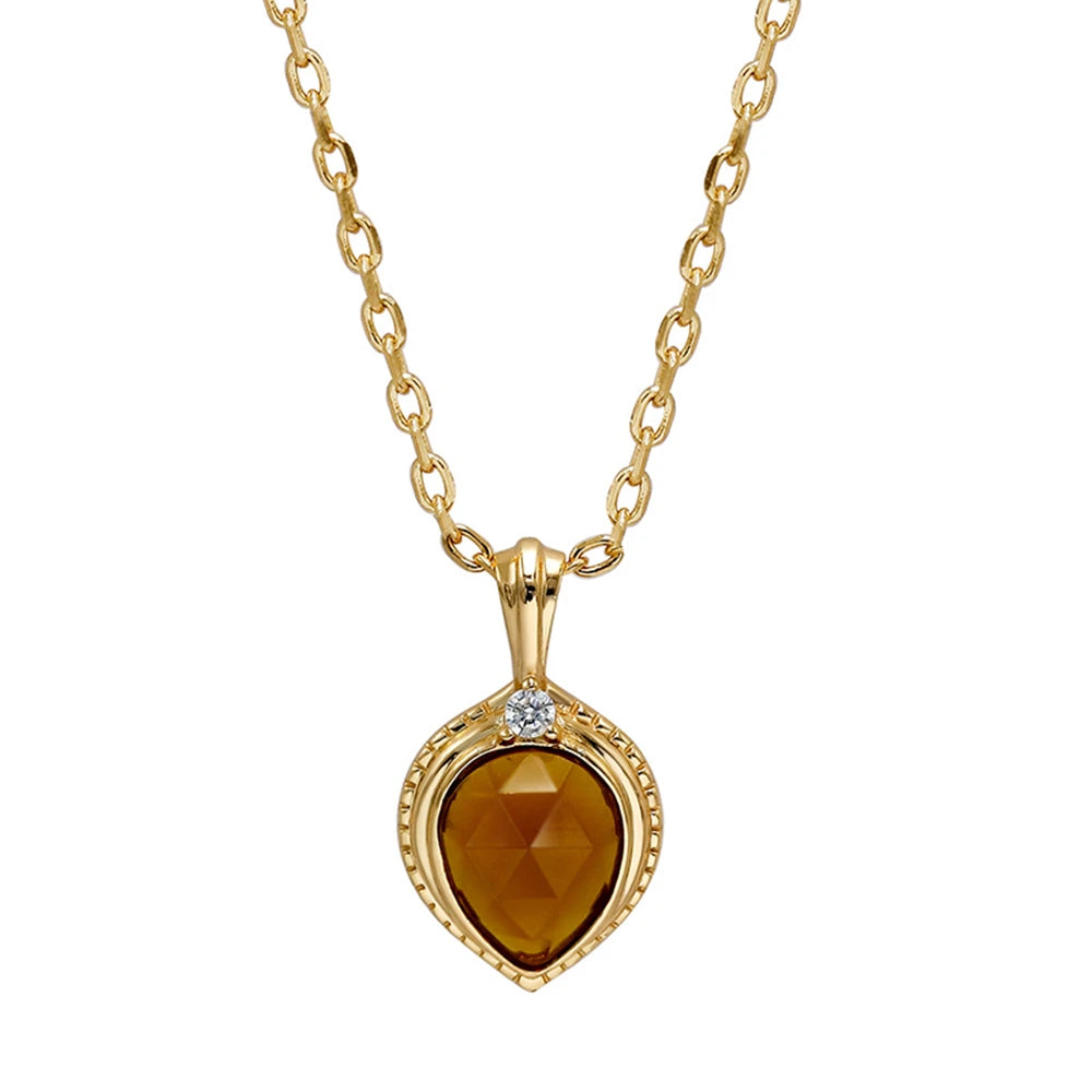 925 Sterling Silver 14K Gold Plated Gemstone Time Drop Cz Zircon Synthetic Amber Necklace