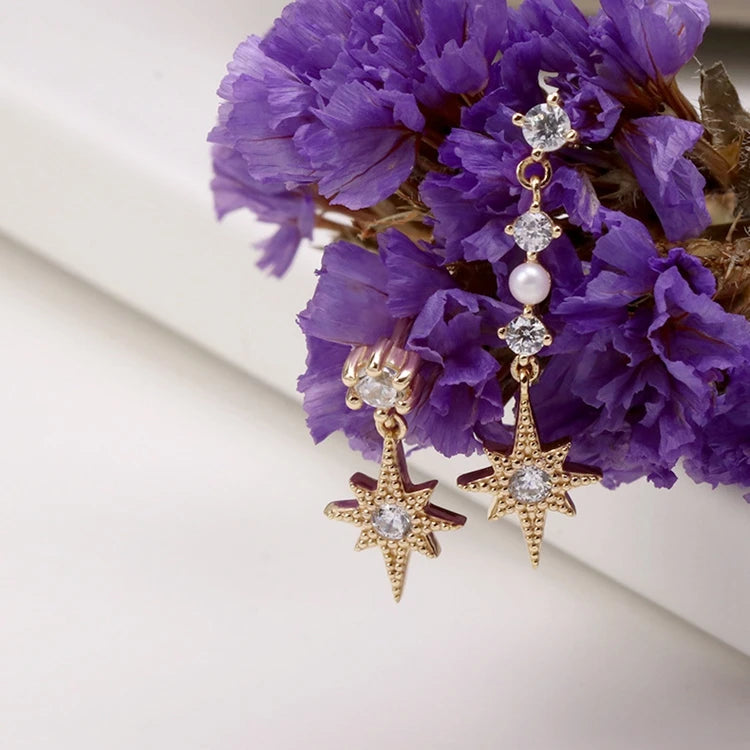 Emotional Factory 925 Sterling Silver 14K Gold Plated Gemstone 8 Mansard Pearl Zircon Long and Short Earrings